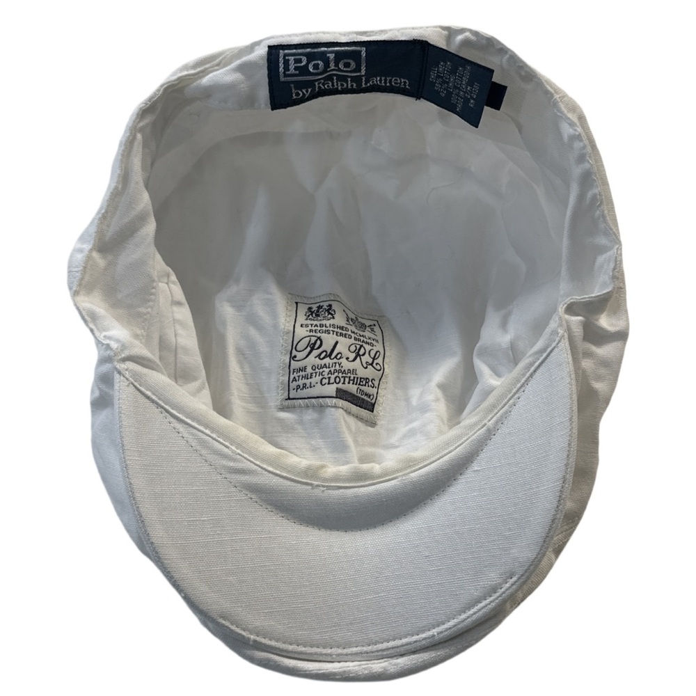 Y2K POLO RL men's retro white linen cotton blend newsboy cap, S/M.